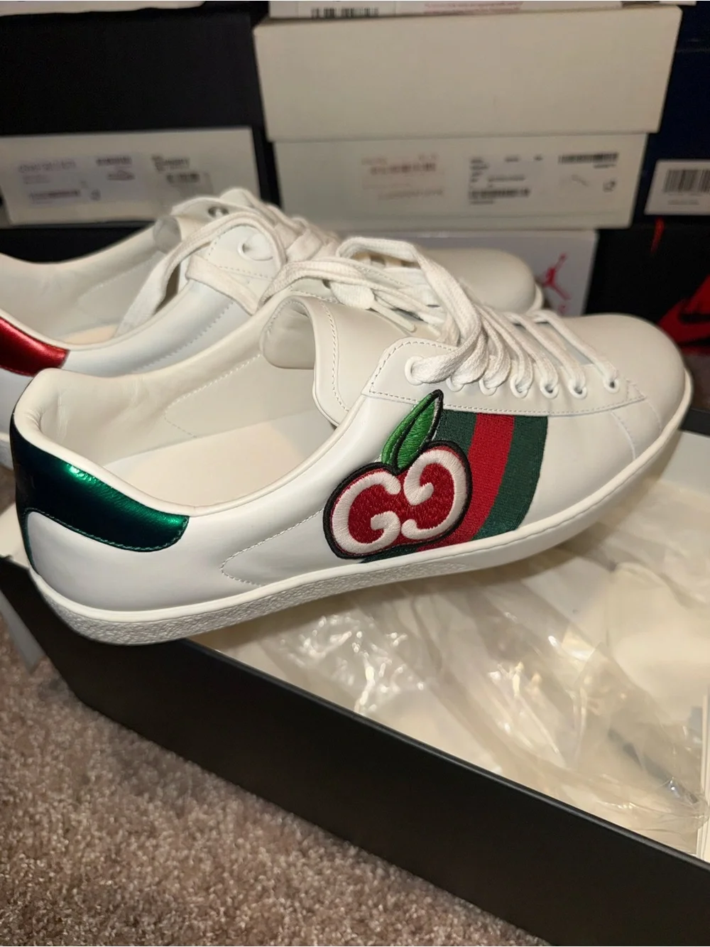 Gucci White Leather Ace Sneaker with Red & Green Web and Cherry Embroidery